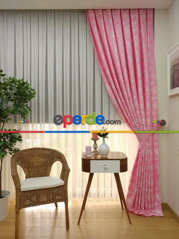 Pembe Renk Jakar Desenli Fon Perde- Şeker Pembe