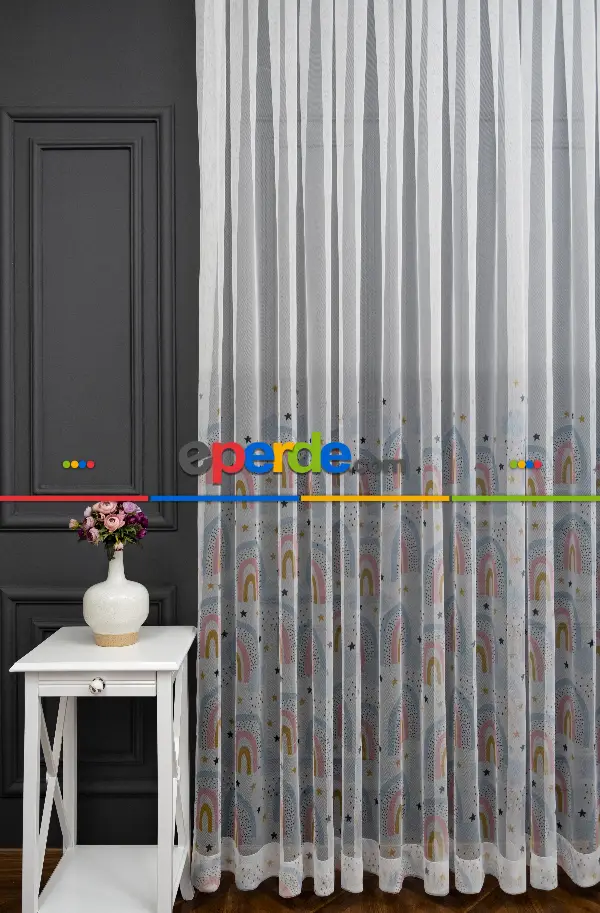 Kız Çocuk Odası Tül Perde - Mavi Pembe Renkli Gökkuşağı Desenli Tül Perde