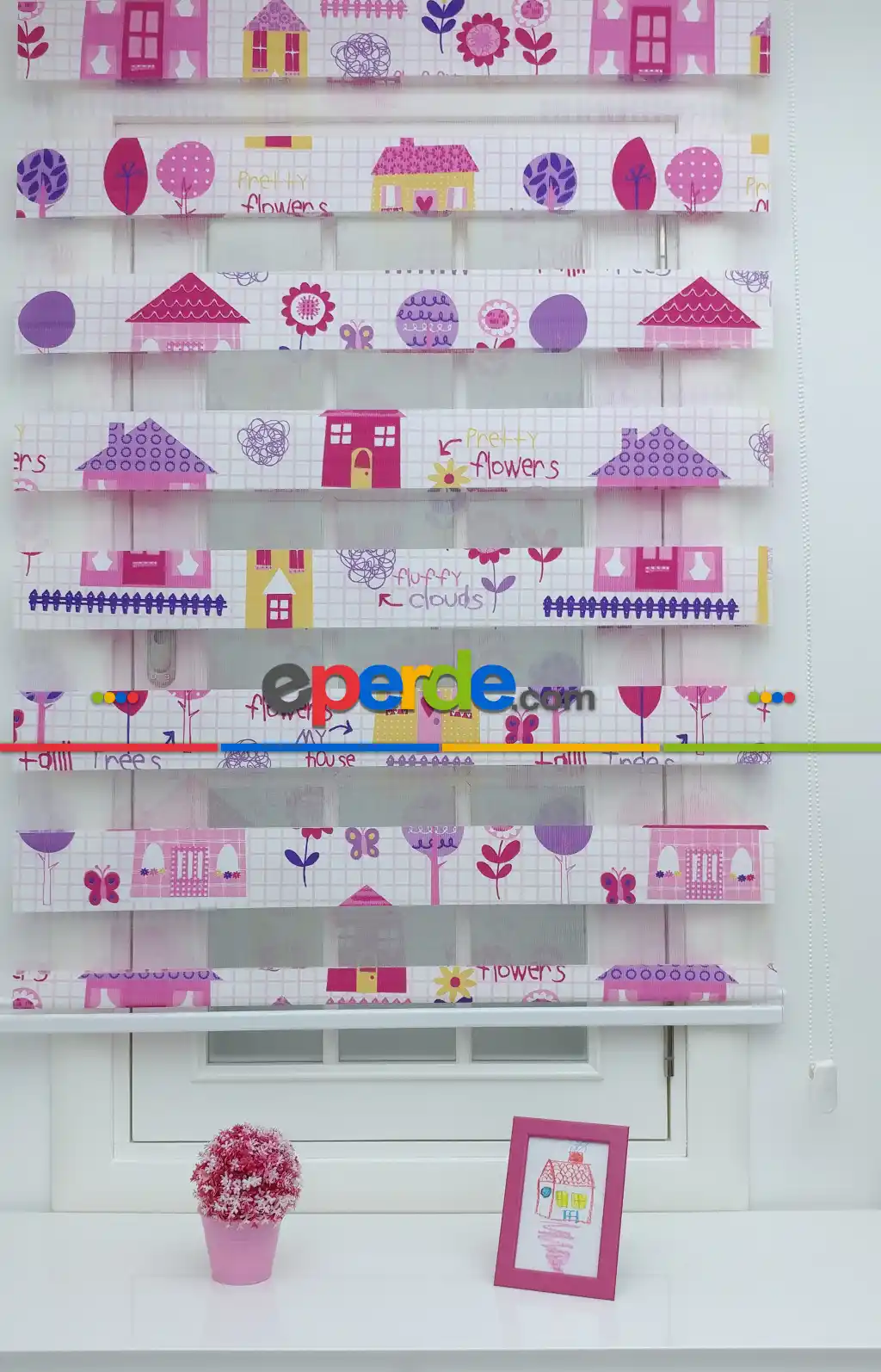 Kareli Kağıda Resim Çizimli Çocuk Odası Zebra Perdesi- Sarı-Pembe-Mor