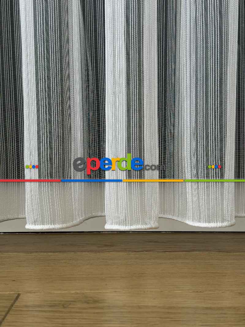 Ekru Çizgili Zincir Desenli Düz Tül Perde - Gramajlı Kurşunlu Tül Perde