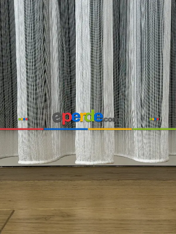 Ekru Çizgili Zincir Desenli Düz Tül Perde - Gramajlı Kurşunlu Tül Perde