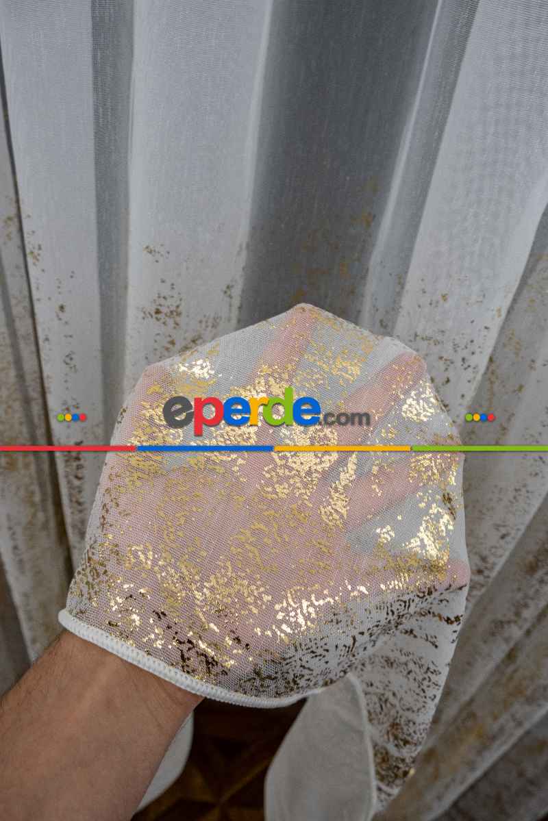 Yatak Odası - Modern Altın Varaklı Keten Tül Perde Yüksek Kalite