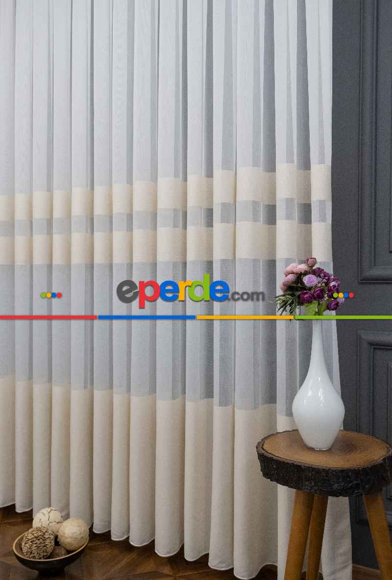 Mutfak Tül - Modern Bantlı Krem Tül - Yüksek Kalite Tül - Enine Çizgili