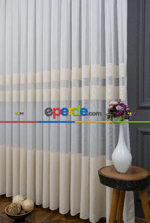 Mutfak Tül - Modern Bantlı Krem Tül - Yüksek Kalite Tül - Enine Çizgili