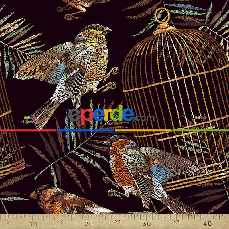 Kuş Resimli Fon Perde Evm289 -h - Kumaşı Kalındır Duck Bezi Değildir.- Siyah-Sarı-Kahve-Çok Renkli