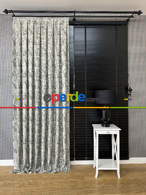 Yatak Odası - PatineDesenli Bej Yeşil Desenli Jakar Fon Perde (180)- Yeşil Koyu Yeşil