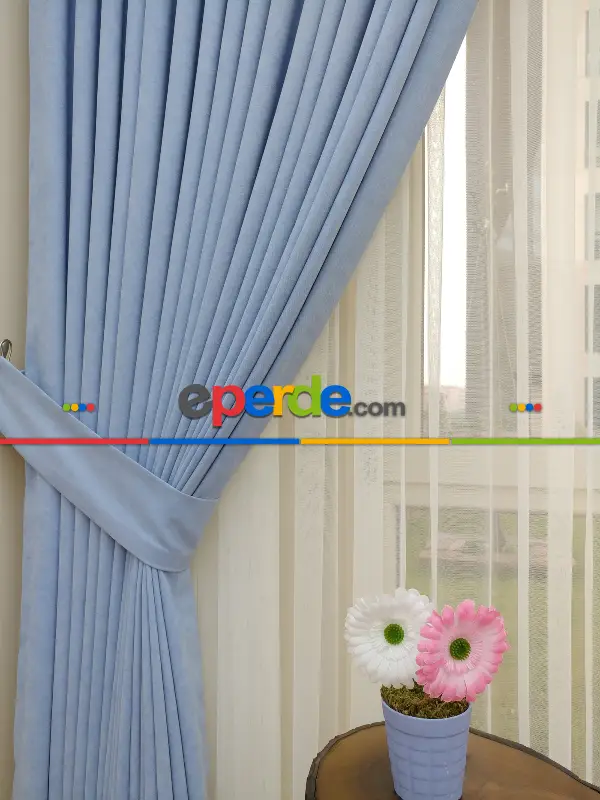 Mavi Düz Sade Fon Perde Dökümlü ( Dökümlü Fon )- Mavi Açık