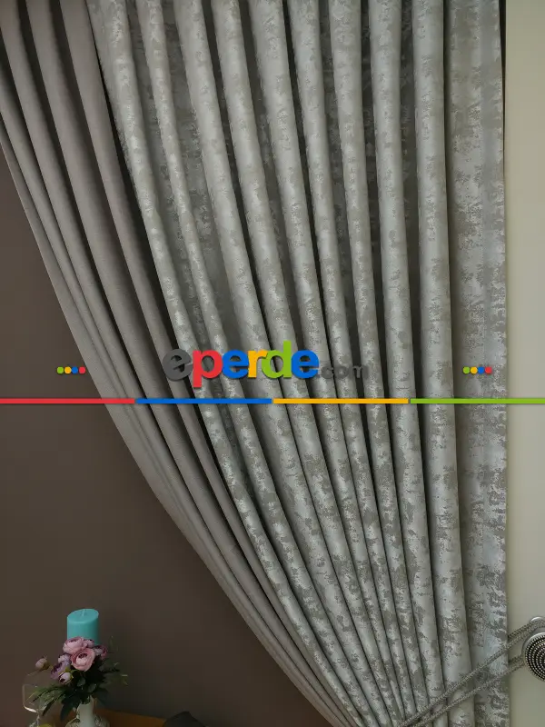 Patinedesenli Açık Vizon Pudra Renk Kombinli Desenli Fon Perde- Kahve Açık-gri Açık