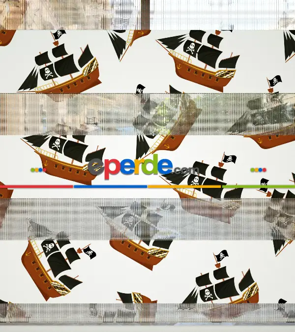 Gemi Desenli Baskılı Zebra Perde- Siyah-kahve-çok Renkli