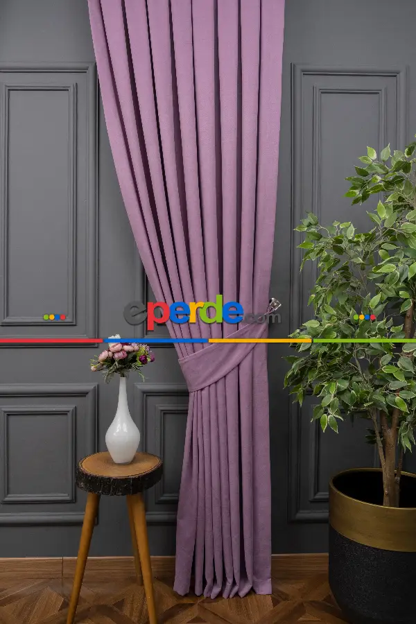 Salon - Koyu Lila Düz Fon Perde Dökümlü Fon Perde