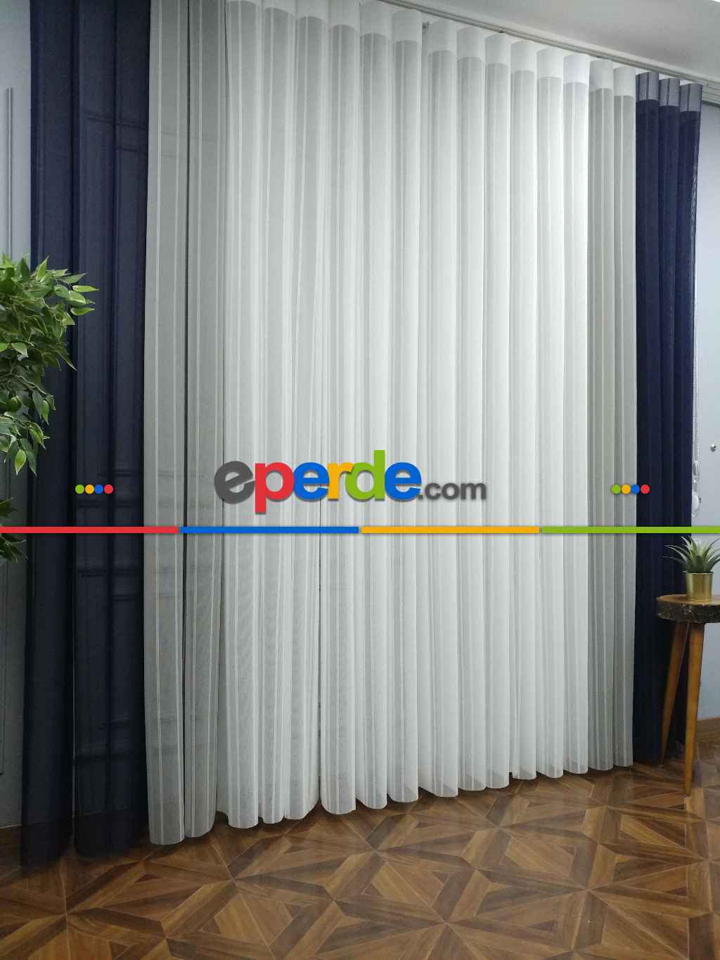 Lens Akıllı Dikey Tül Perde 112- Lacivert-beyaz-gümüş