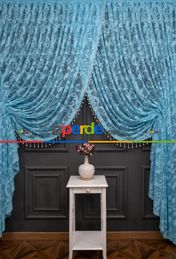 Mutfak Turkuaz Sarmaşık Desen Şal Model Tül Kruvaze Yanki Tül