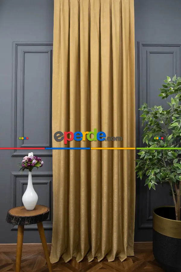 Salon - Soft Fon Perde Hardal Rengi Dökümlü En - Hardal