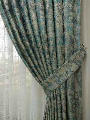 Salon Perdesi - Gri Yeşil Desenli Jakar Fon Perde (180)- Antrasit