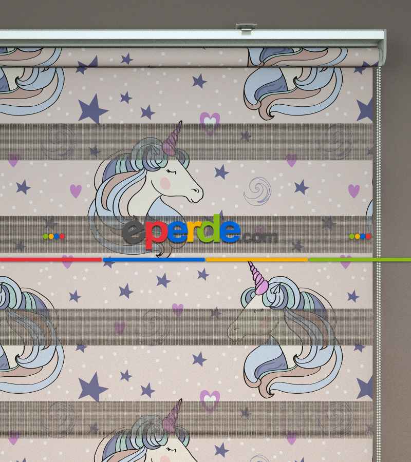 Unicorn Desenli Baskılı Zebra Perde- Çok Renkli