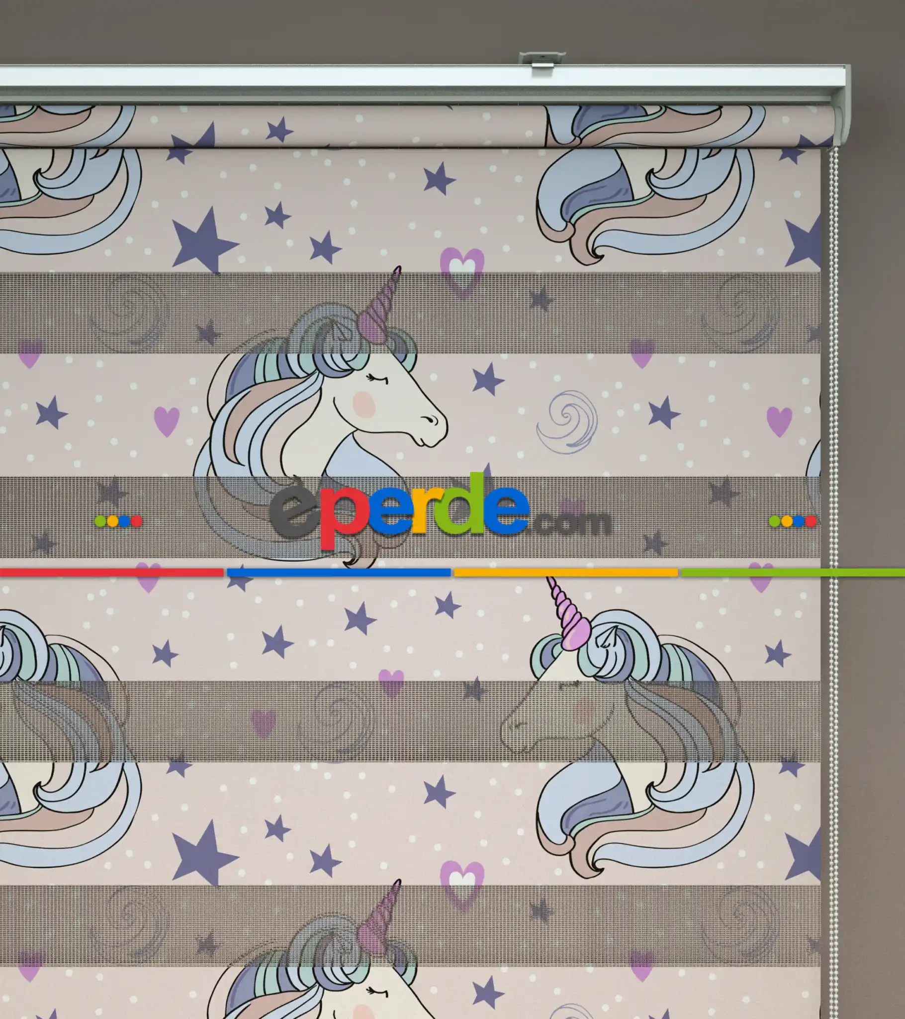 Unicorn Desenli Baskılı Zebra Perde- Çok Renkli