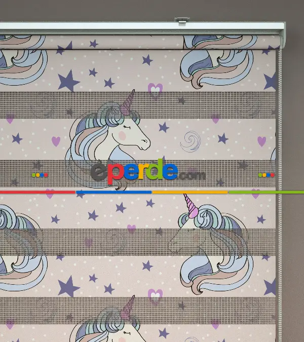 Unicorn Desenli Baskılı Zebra Perde- Çok Renkli