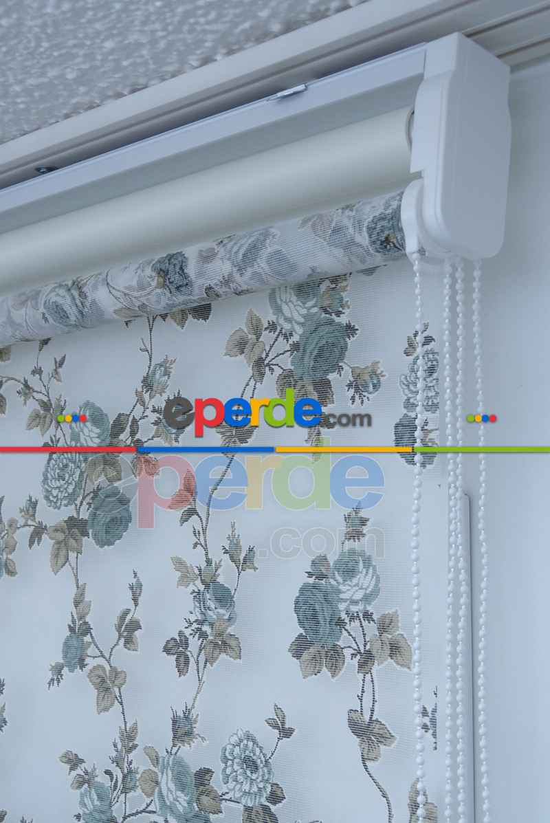 Çiçek Desenli Yakma Tül Çiftli Sistem İkili Perde Turkuaz- Turkuaz