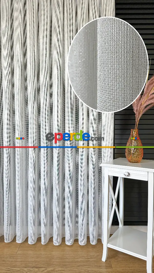 Salon - Ekru Keten Gümüş Simli Tül Perde - Ağır Gramajlı Premium