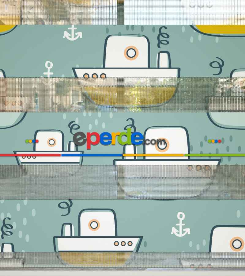 Bebek Odası Zebra Perde - Gemi Desen Baskılı Zebra Perde- Çok Renkli