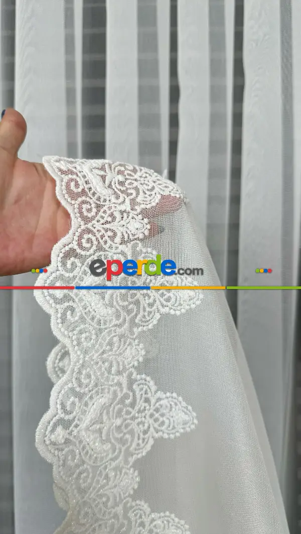 Ekru Etek Ucu Özel İplik Hafif Simli Brode İşlemeli Tül Perde - Ağır Gramajlı Premium Nakışlı