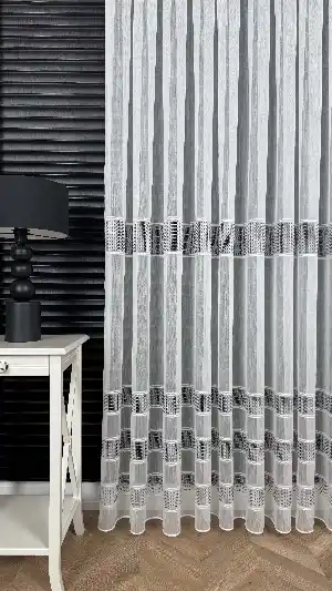 Gri Beyaz Bambu Bantlı Düz Tül Perde