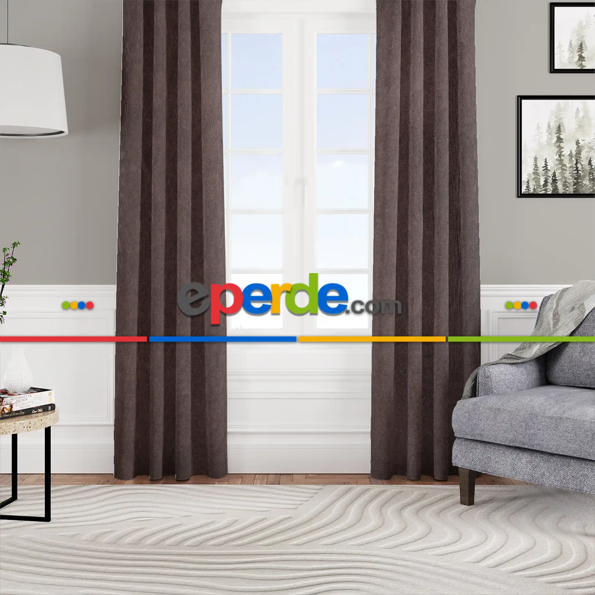 Salon - Kadife Dokulu Fon Perde Pilesiz Tek Kanat Acı Kahve