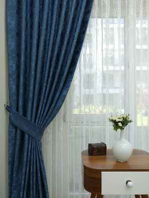 Patinedesenli Lacivert - Katyonik Jakar Fon Perde- Lacivert