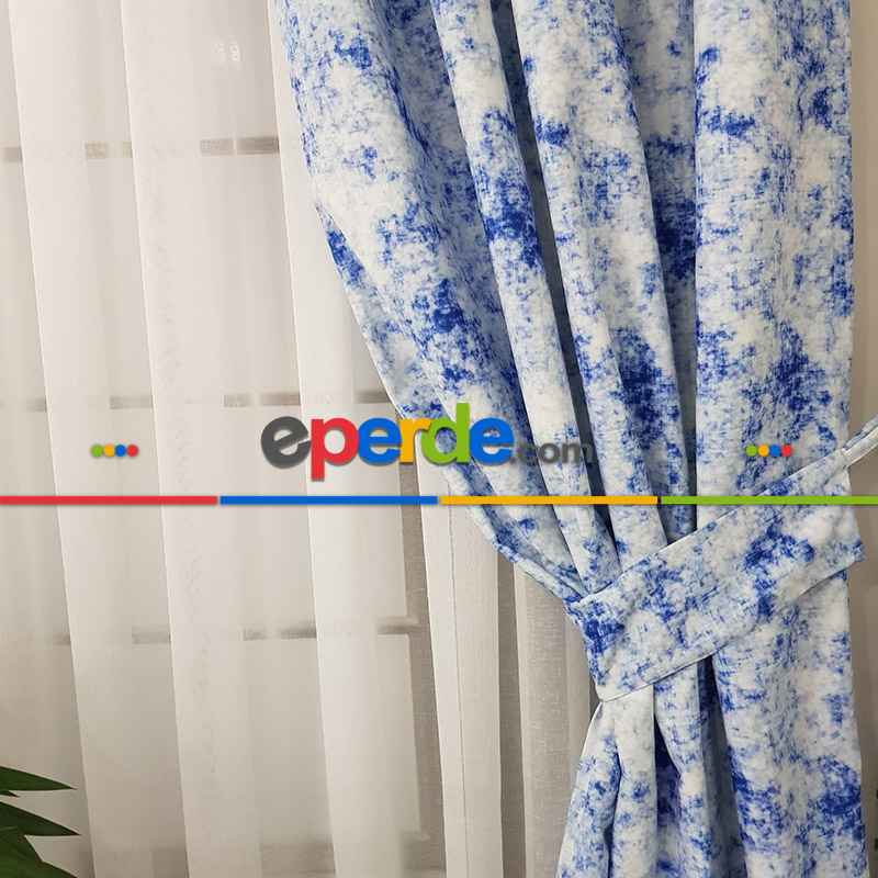 Ikat Desenli Fon Perde Evm1508 Kumaşı Kalındır Duck Bezi Değildir- Mavi