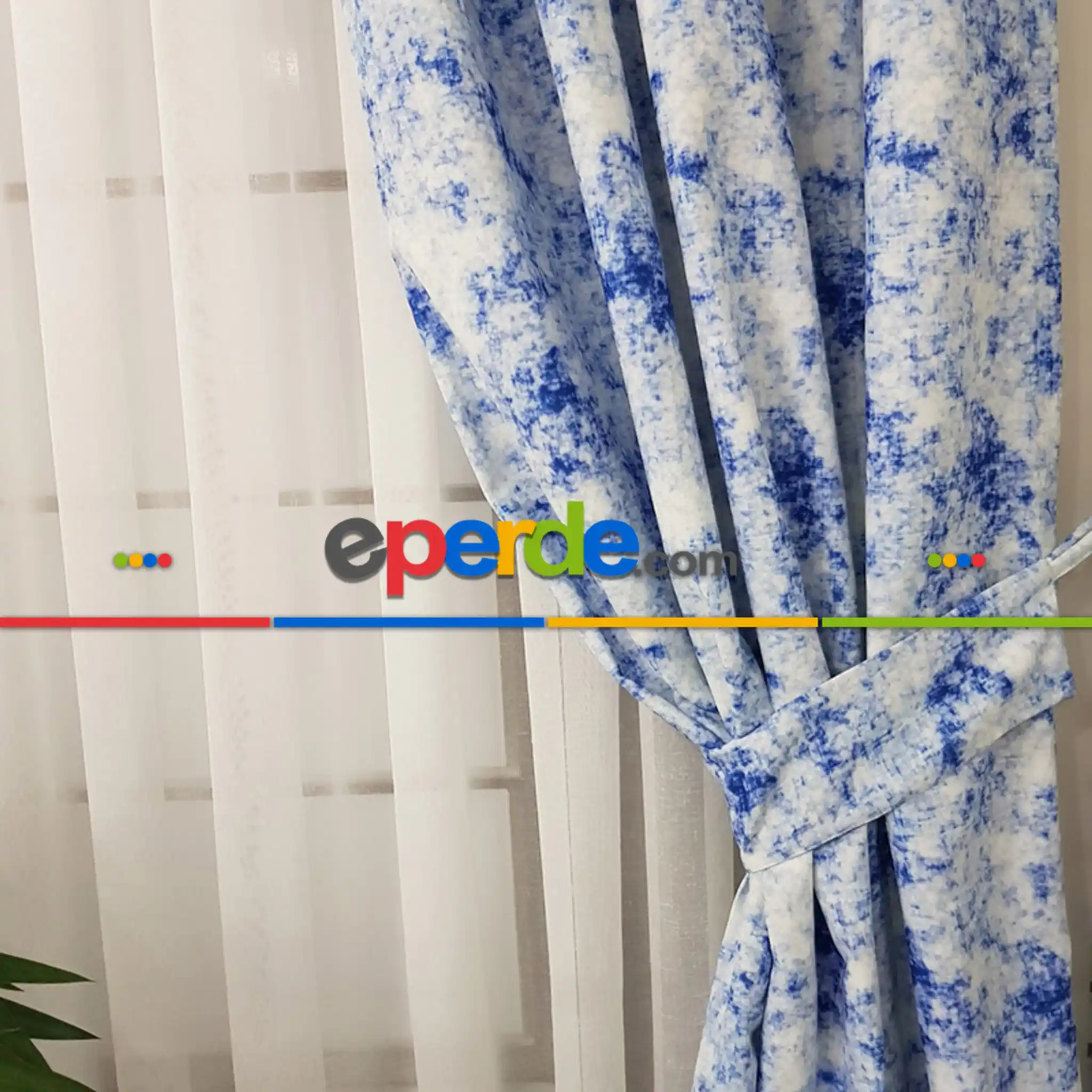 Ikat Desenli Fon Perde Evm1508 Kumaşı Kalındır Duck Bezi Değildir- Mavi