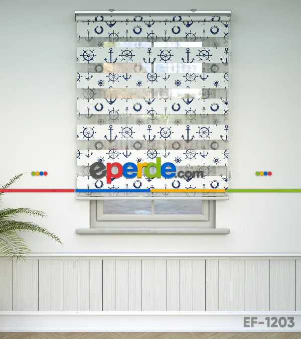 Çapa Baskılı Zebra Perde- Mavi-beyaz