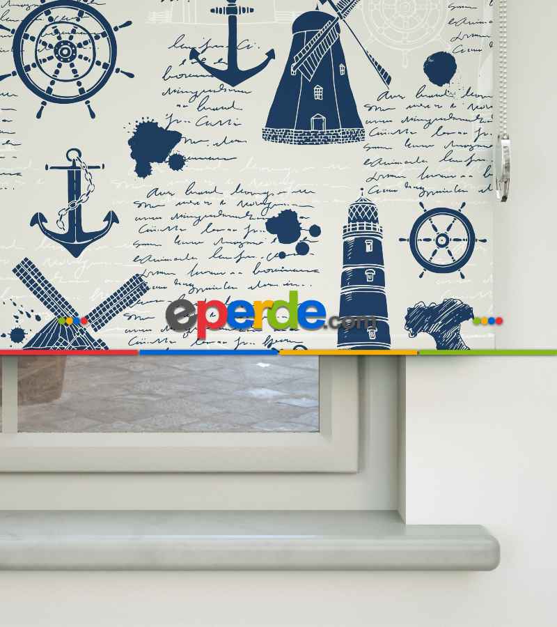 Deniz Feneri Baskılı Stor Perde- Mavi-beyaz