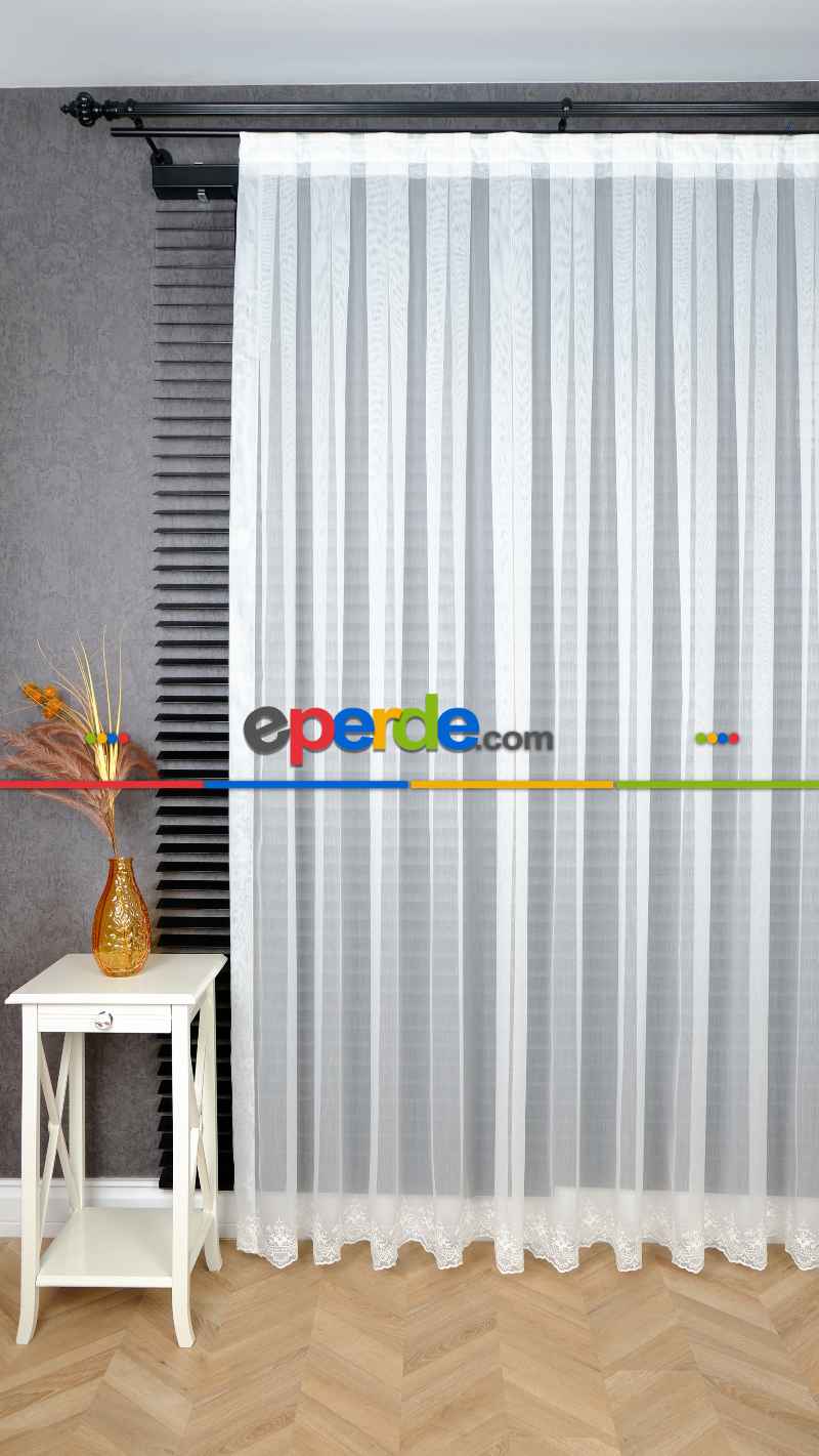 Taç Ekru Etek Çiçek İşlemeli Tül Perde, Ütü İstemeyen Kırışmaz