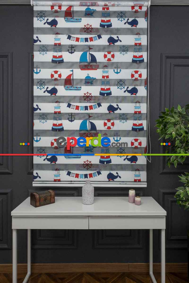Erkek Çocuk Odası zebra Perde - Çapa Gemici Denizci Desenli Baskılı Zebra Perde - Mavi Lacivert