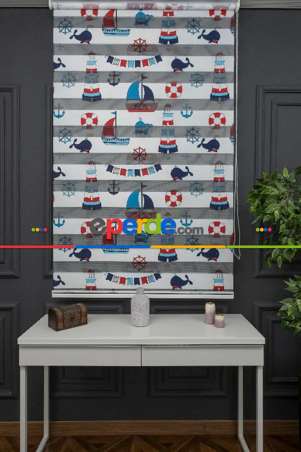Erkek Çocuk Odası zebra Perde - Çapa Gemici Denizci Desenli Baskılı Zebra Perde - Mavi Lacivert