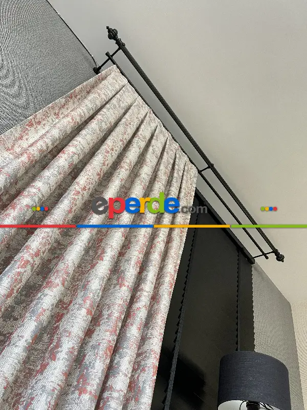 Patine Desenli Bej Kiremit Desenli Jakar Fon Perde (285 En)- Gri-füme-antrasit-kiremit Rengi