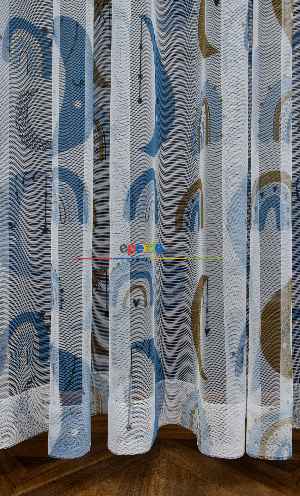 Hazır Ölçülü Petek Zemin Mavi Renkli Ay Desenli Grek Baskılı Tül Perde