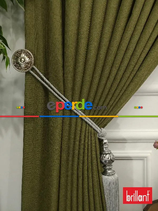 Yatak Odası - Brillant Keten Yeşil Renk Düz Fon Perde - Yeşil