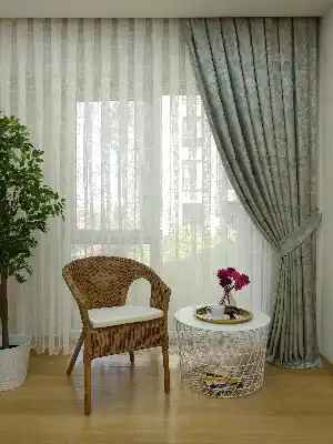 Salon Perdesi - Bej Turkuaz Desenli Jakar Fon Perde (180)- Turkuaz Yeşili Ara Renk