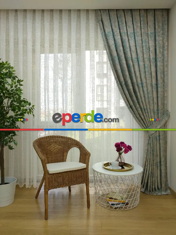 Salon Perdesi - Bej Turkuaz Desenli Jakar Fon Perde (180)- Turkuaz Yeşili Ara Renk