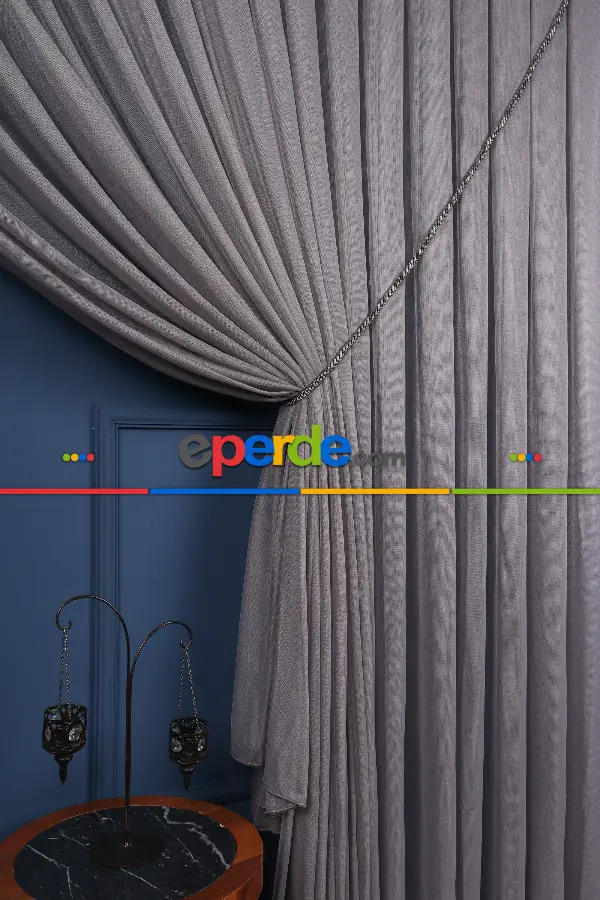 Yatak Odası Fon Perde - Gri Tülden Kordon Toplama Fon Perde ( Kordon Hediyeli)