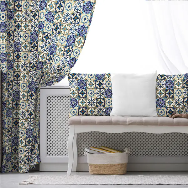 Etnik Mavi Desenli Fon Perde Evim400 Kumaşı Kalındır Duck Bezi Değildir- Mavi-beyaz