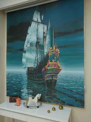 Gemi Desenli Dijital Baskılı Stor Perde- Turkuaz-Antrasit