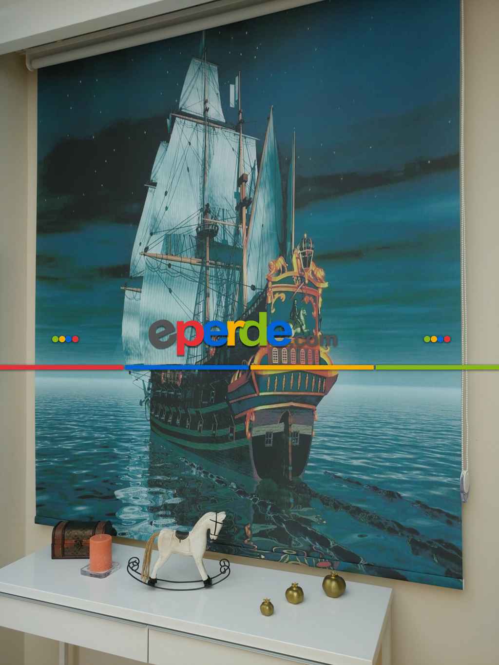 Gemi Desenli Dijital Baskılı Stor Perde- Turkuaz-Antrasit