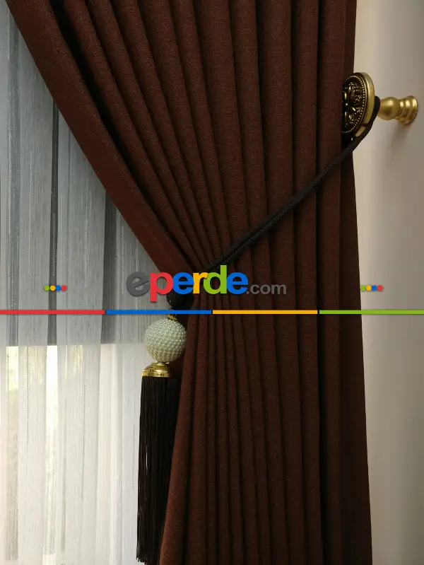 Salon Fon Perde - Keten Kahve Renk Düz Fon Perde- Kahve