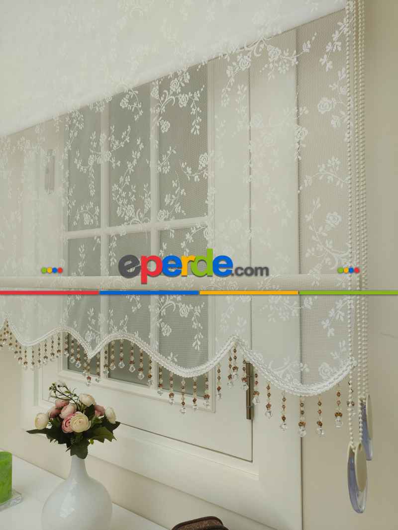 Brillannt - Tül + Stor Perde - Çiçekli Desen Çiftli Sistem Perde - Dallı Çiçek Model- Krem Açık-ekru