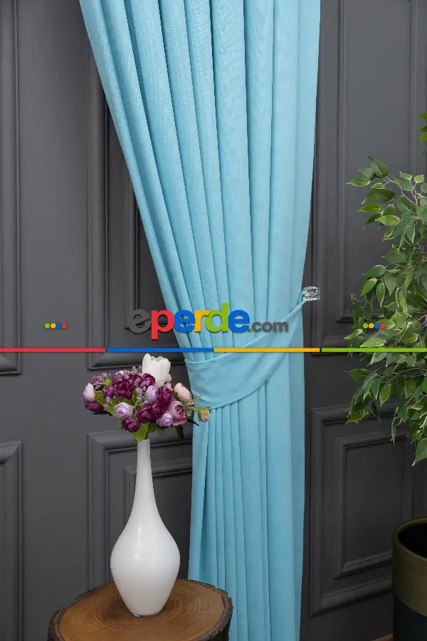 Salon - Turkuaz Rengi Düz Fon Perde En  Dökümlü Fon Perde 07