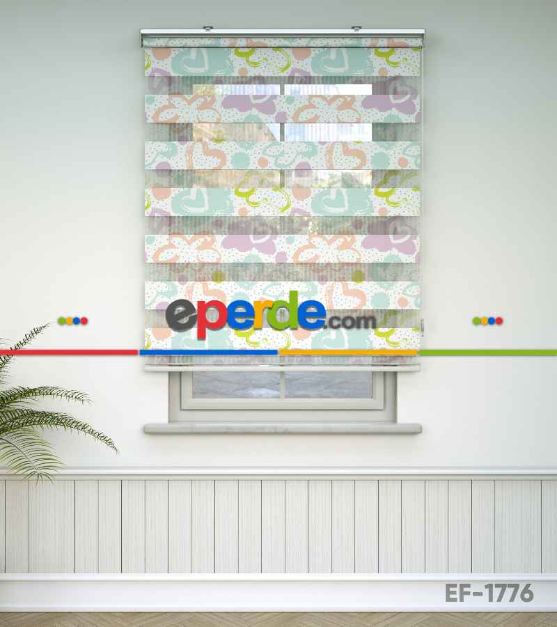 Çocuk Odası Zebra - Kalp Desenli Baskılı Zebra Perde- Çok Renkli