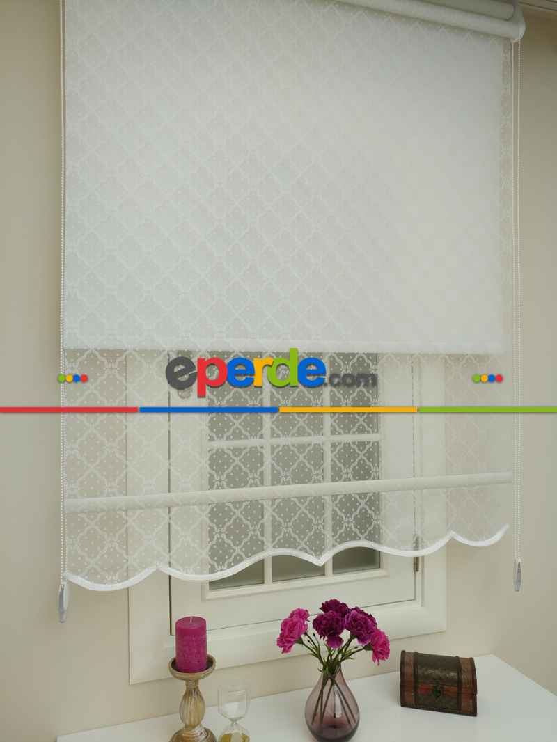 Oturma Odası - Jakar Örme Tül- Ekru Çiftli Sistem Dantel Desenli Perde- Ekru