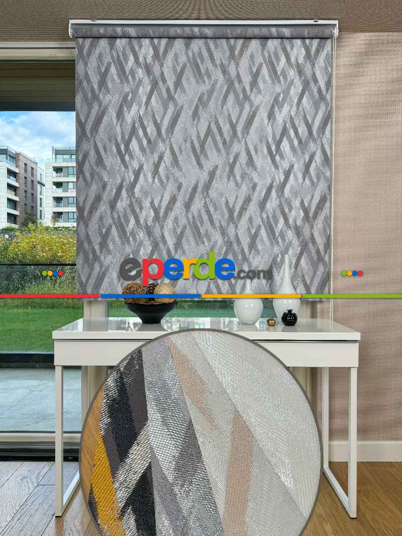 Salon Gri Hafif Sedefli Parlak Jakar Dokuma Stor Perde, Standart Metal Kasalı Yüksek Kalite Kornişe Kolay Montaj Seçenekli